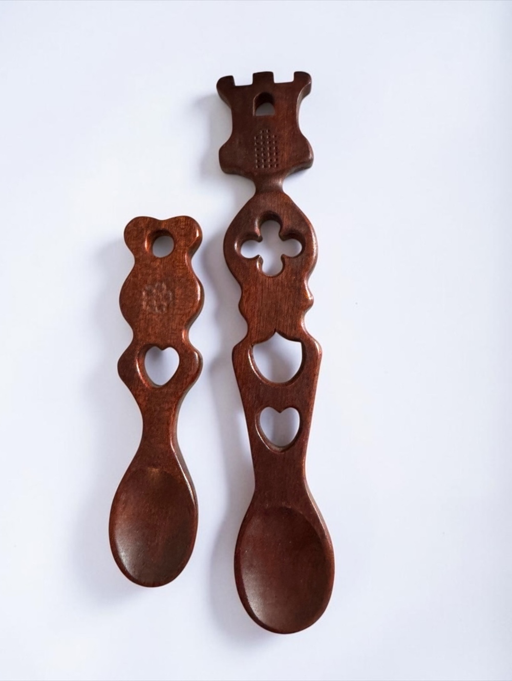 Vintage Hand-Carved Wooden Decorative Spoon Set with Heart and Castle Motifs